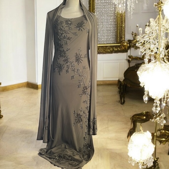 SUE WONG Vintage Nocturne Beaded Gown and scarf wrap - Picture 1 of 17
